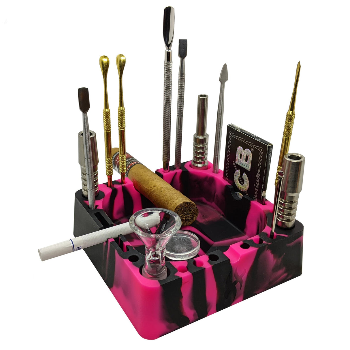 Herbhuggers | Premium Silicone Ashtray Featuring Center Tap Ash and Glassware Clearer with Accessory Organizing Slot Holders