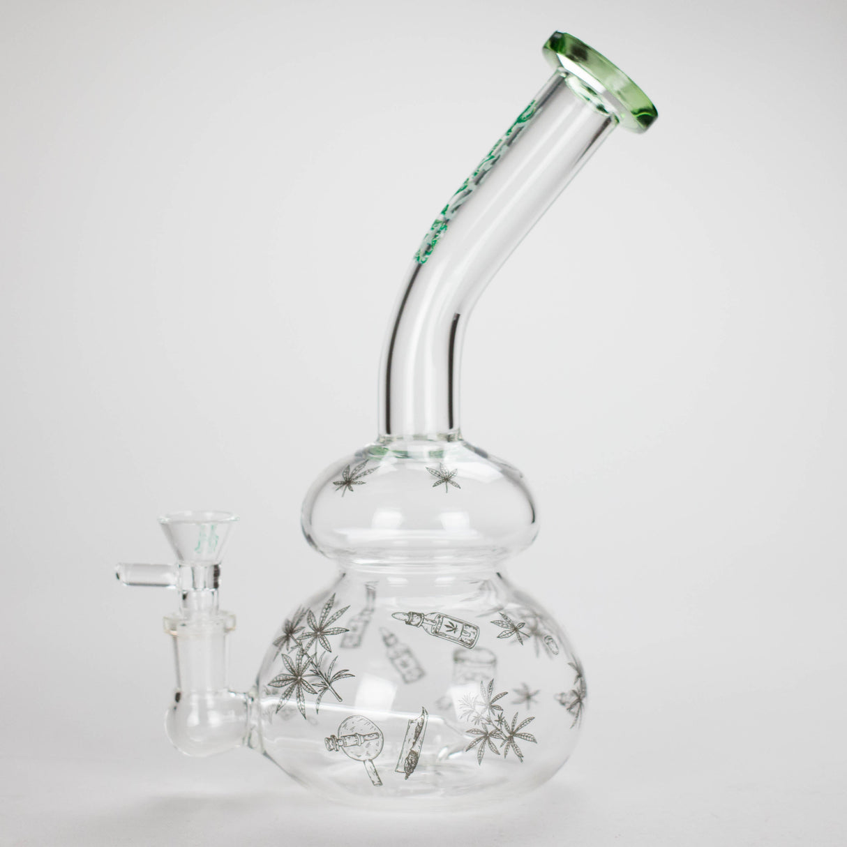 Haze | 9″ Bubble Base Glass Bong – Green Weed Leaf Design (Mini-A)