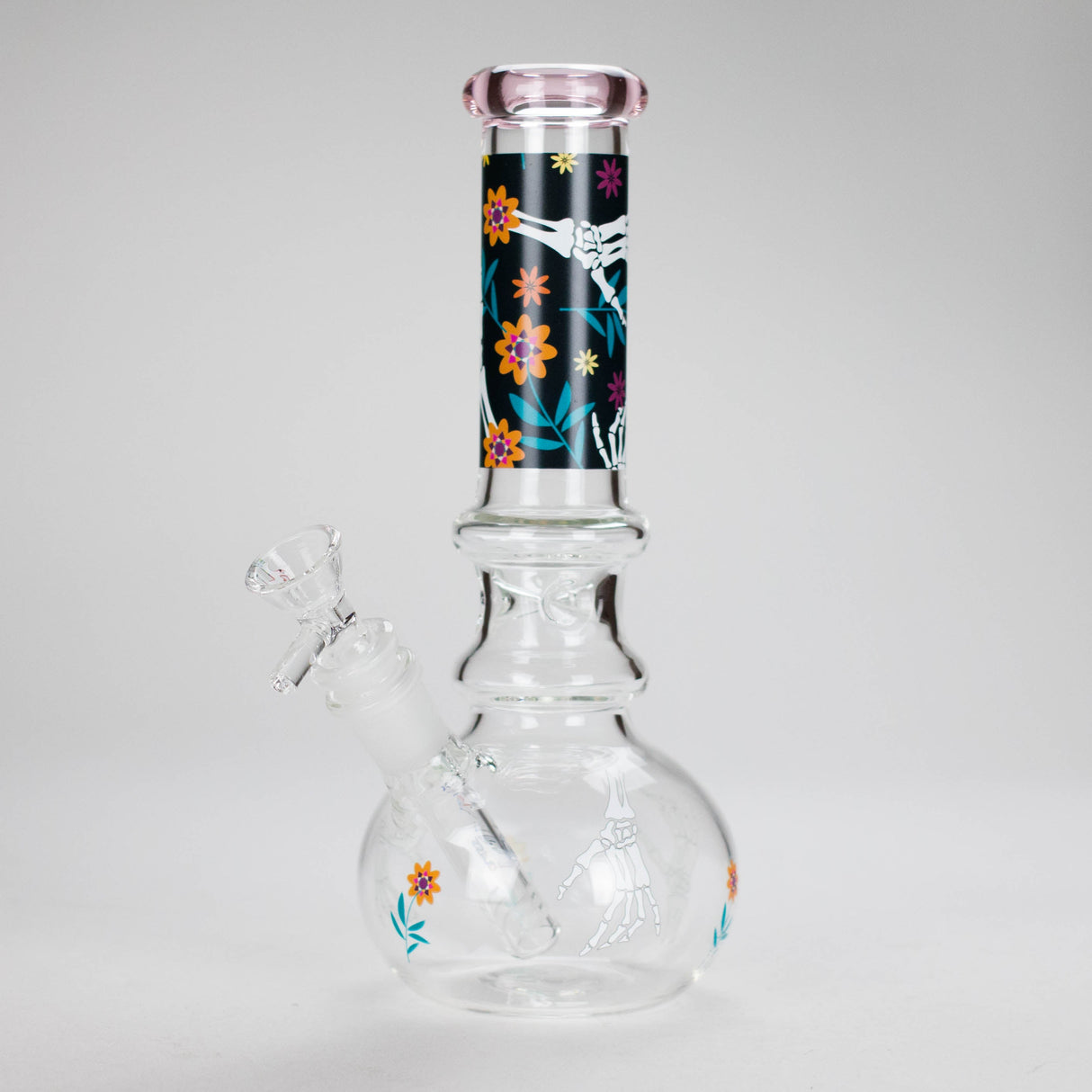 Haze | 9″ Skull Hand & Flower Bubble Base Glass Bong – Pink (Mini-V)